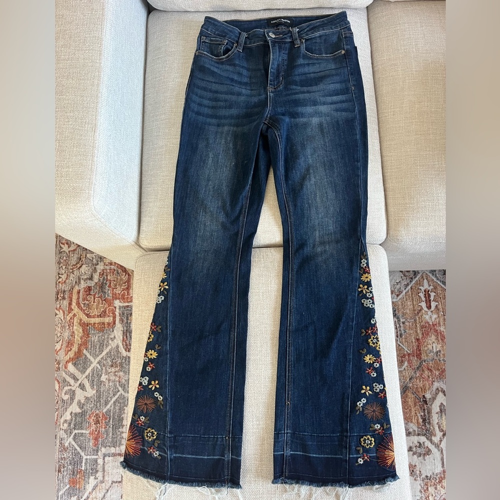 Ashley Mason Dark Blue Embroidered Flare Jeans